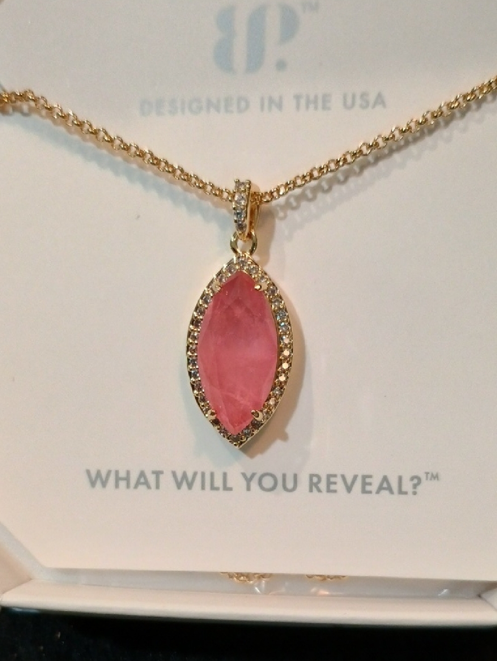 bp Gold-Tone Necklace with Pink Marquise Pendant